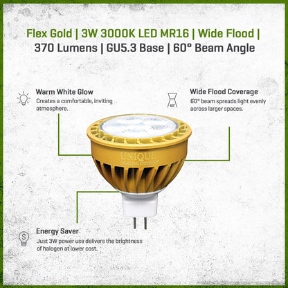 FLEX GOLD LED, 3 WATT, MR16, WIDE FLOOD, 3000K