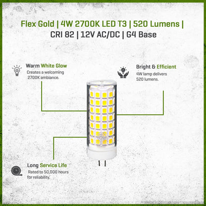 Unique Flex Gold LED T3 Bi-Pin Lamp, 4 Watt, 2700K Warm White, 520 Lumens, Dimmable, Aluminum Housing