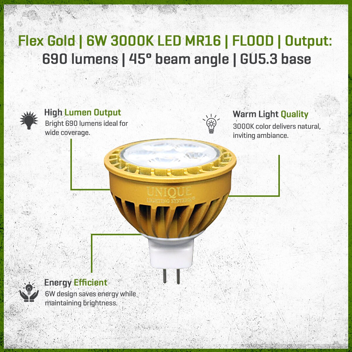 FLEX GOLD LED, 6 WATT, MR16, FLOOD, 3000K
