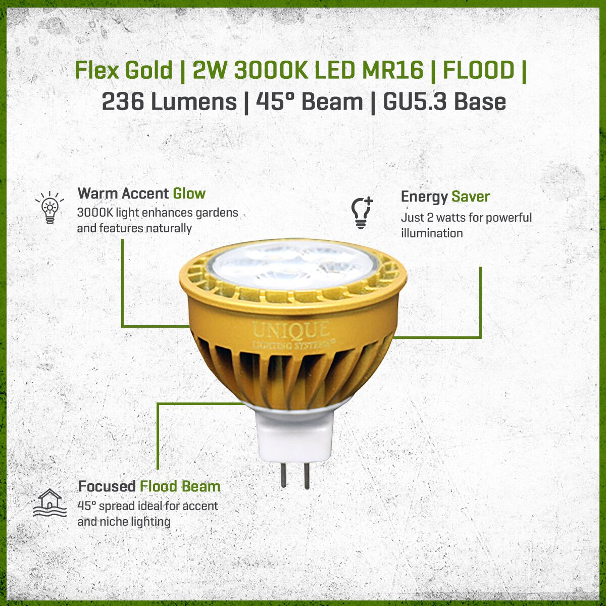 FLEX GOLD LED, 2 WATT, MR16, FLOOD, 3000K