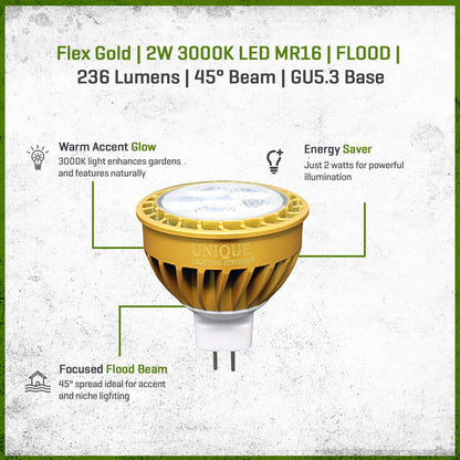FLEX GOLD LED, 2 WATT, MR16, FLOOD, 3000K