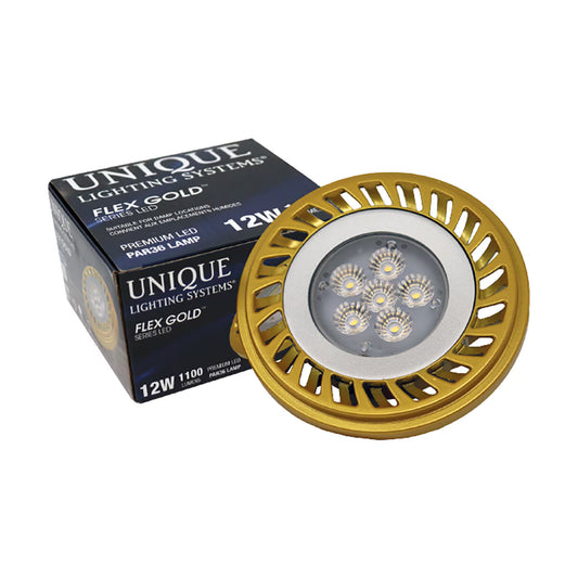 Unique Flex Gold Series PAR36 LED Flood Lamp, 12 Watt, Warm White (3000K) - 1,120 Lumens, Dimmable, 45° Beam Angle, Aluminum Housing, 9V-24V Input