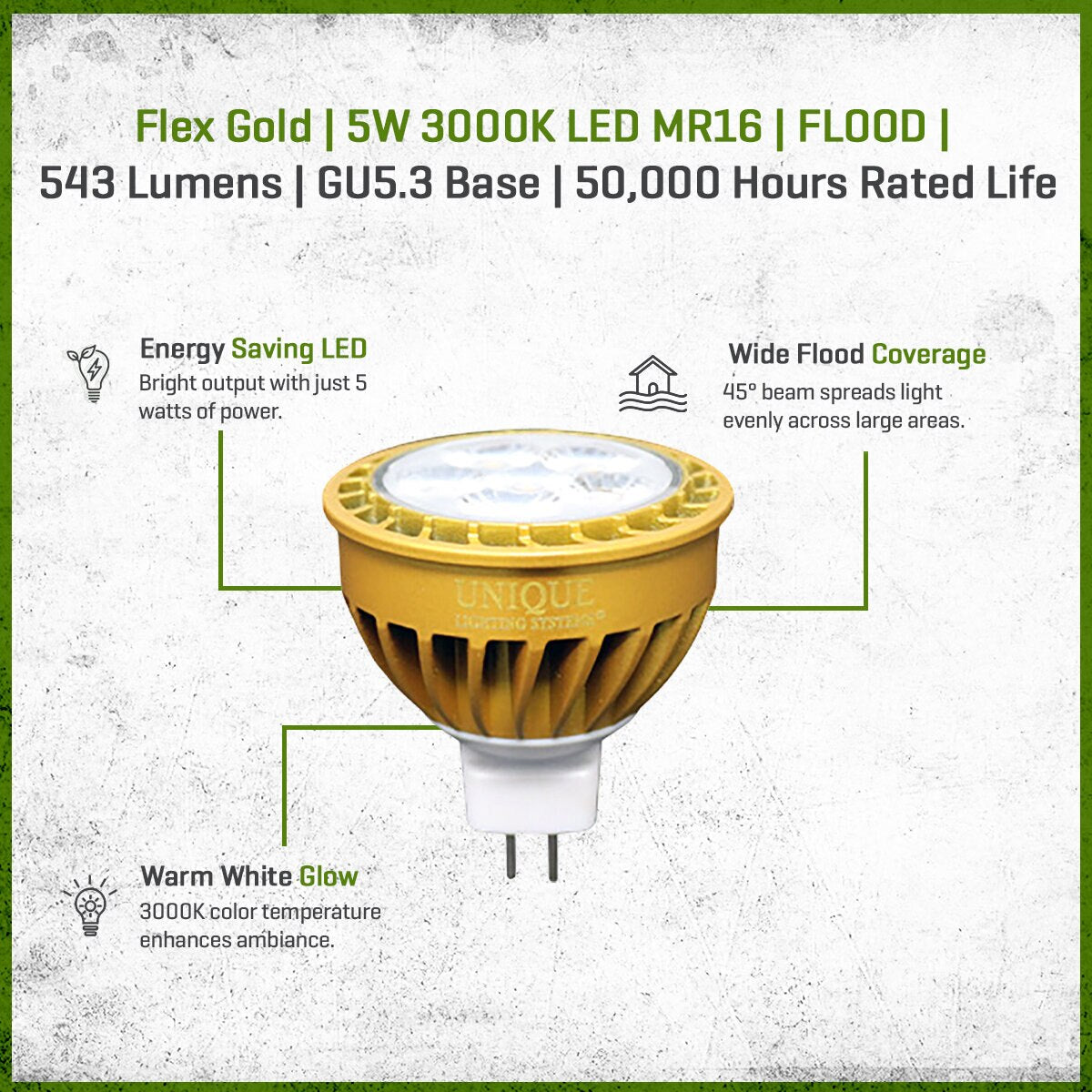 FLEX GOLD LED, 5 WATT, MR16, FLOOD, 3000K