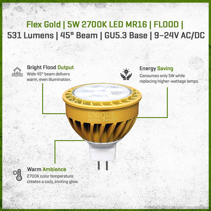 Unique Flex Gold LED MR16 Flood Lamp 5 Watt 2700K Warm White Dimmable 531 Lumens