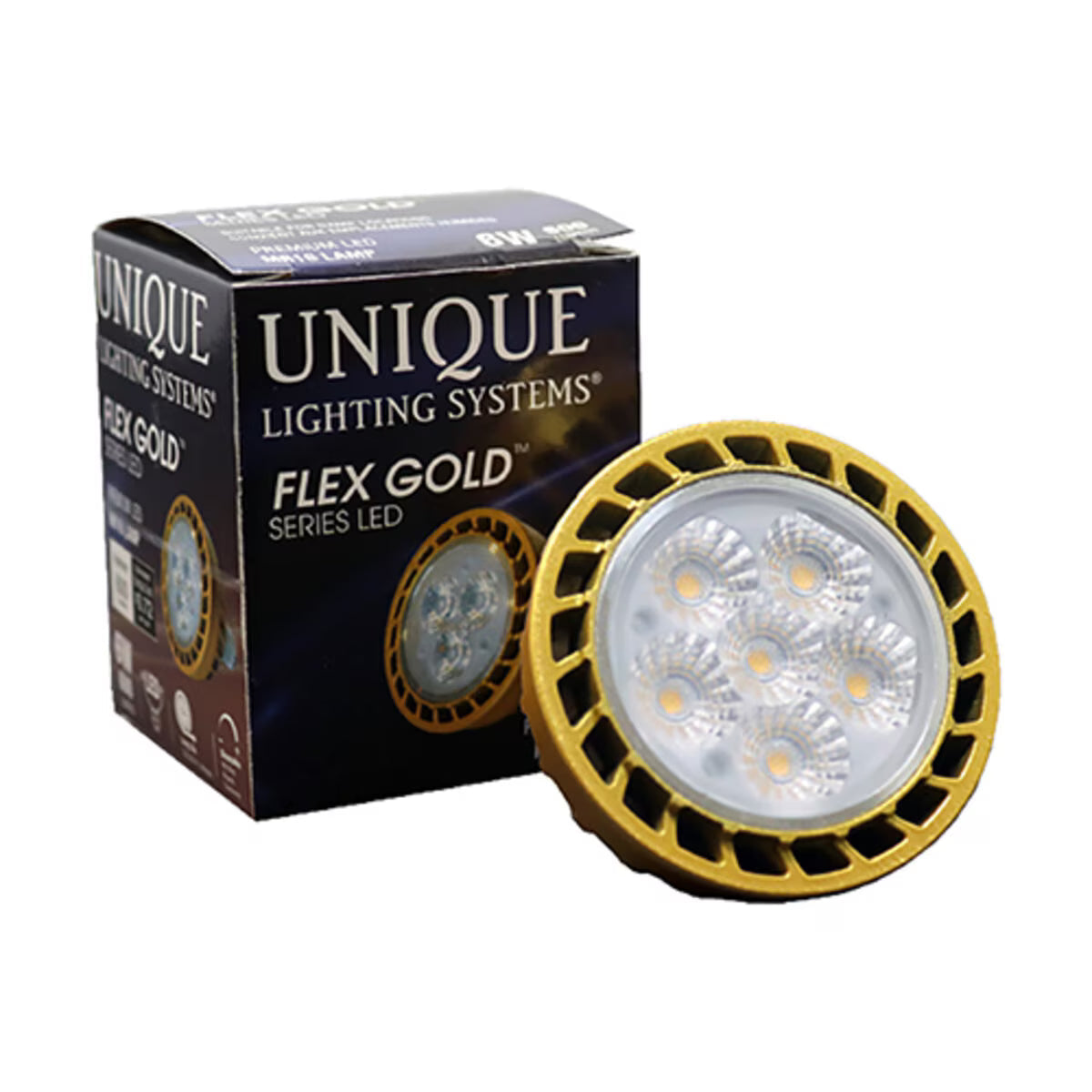 LED-5W-DM6FL27K  Unique Flex Gold LED MR16 Flood Lamp 5 Watt 2700K Warm White Dimmable 531 Lumens