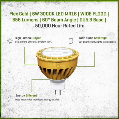 FLEX GOLD LED, 6 WATT, MR16, WIDE FLOOD, 3000K