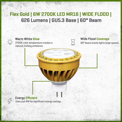 FLEX GOLD LED, 6 WATT, MR16, WIDE FLOOD, 2700K