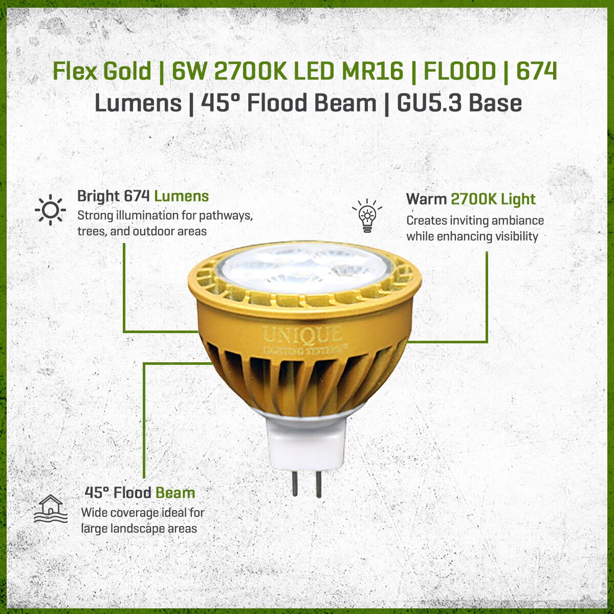 Unique Flex Gold Series LED MR16 Flood Light 6W 2700K Warm White - 674 Lumens, Dimmable, 45° Beam Angle, Gold Finish