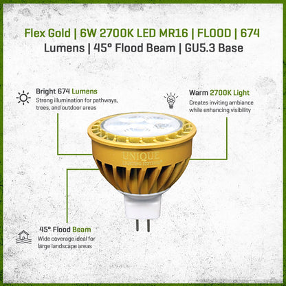 Unique Flex Gold Series LED MR16 Flood Light 6W 2700K Warm White - 674 Lumens, Dimmable, 45° Beam Angle, Gold Finish