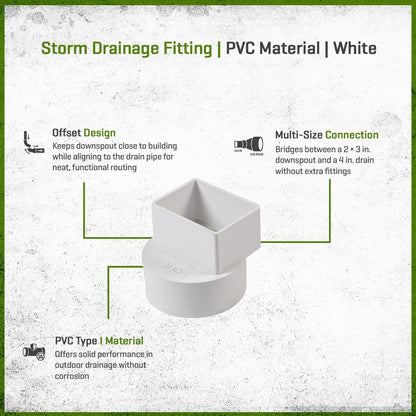 NDS PVC S&D Offset Downspout Adapter White 2 in. X 3 in. X 4 in. (Fits 4 in. Pipe)