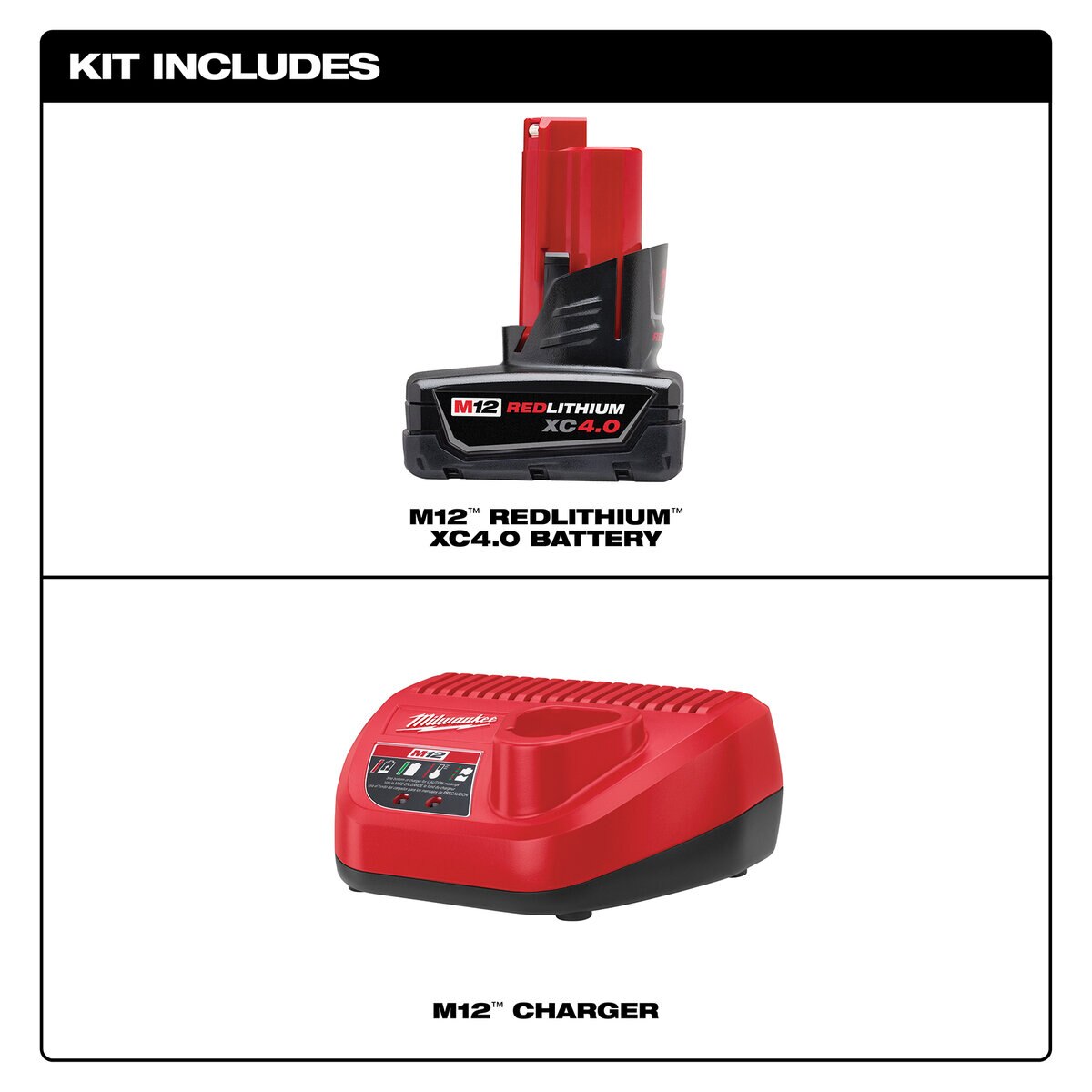 Milwaukee 12V M12 RedLithium Extra Capacity 4.0Ah Battery and Charger Starter Kit | 48-59-2440