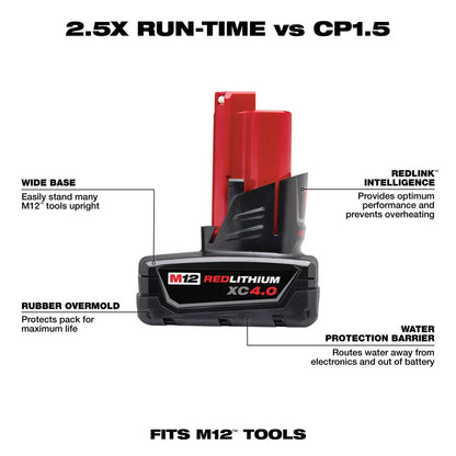 Milwaukee 12V M12 RedLithium Extra Capacity 4.0Ah Battery and Charger Starter Kit | 48-59-2440