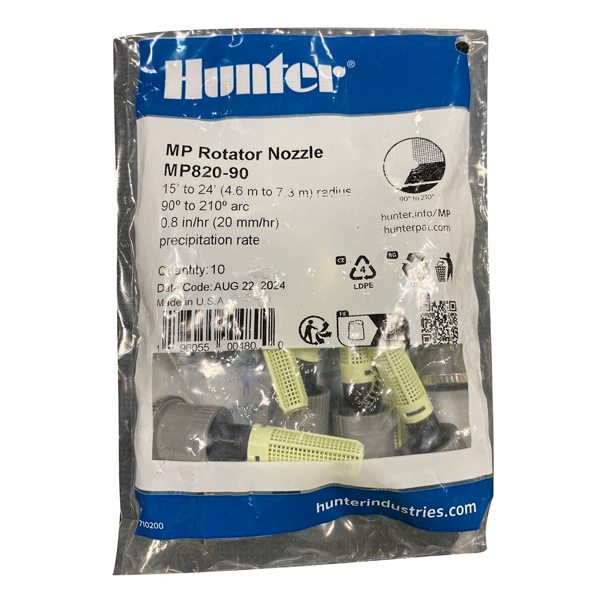 Mp Rotator Nozzle, 0.8 In/Hr Precipitation Rate, 15' To 24' Radius, 90° To 210° Adjustable Arc, Female Thread, Gray and Black