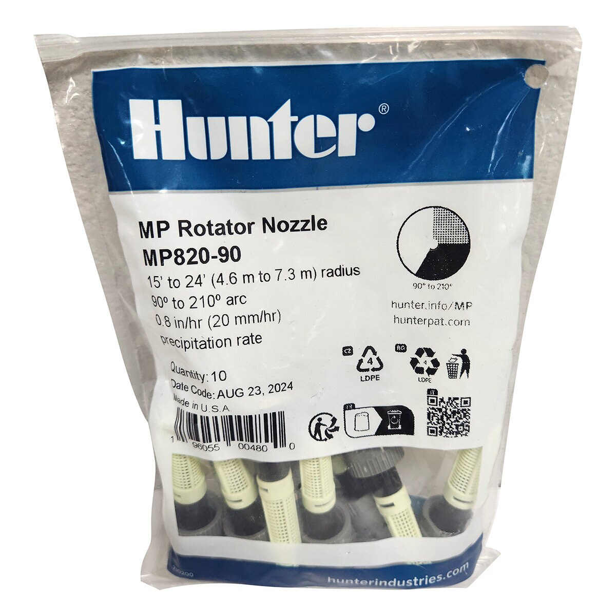 Mp Rotator Nozzle, 0.8 In/Hr Precipitation Rate, 15' To 24' Radius, 90° To 210° Adjustable Arc, Female Thread, Gray and Black