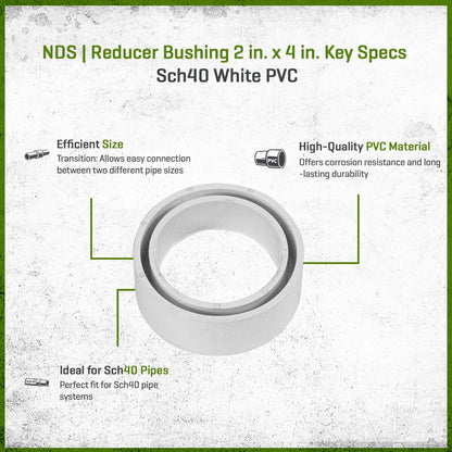 NDS PVC S&D Reducer Bushing Sch40 HUB x S&D SPT White 2 in. x 4 in.