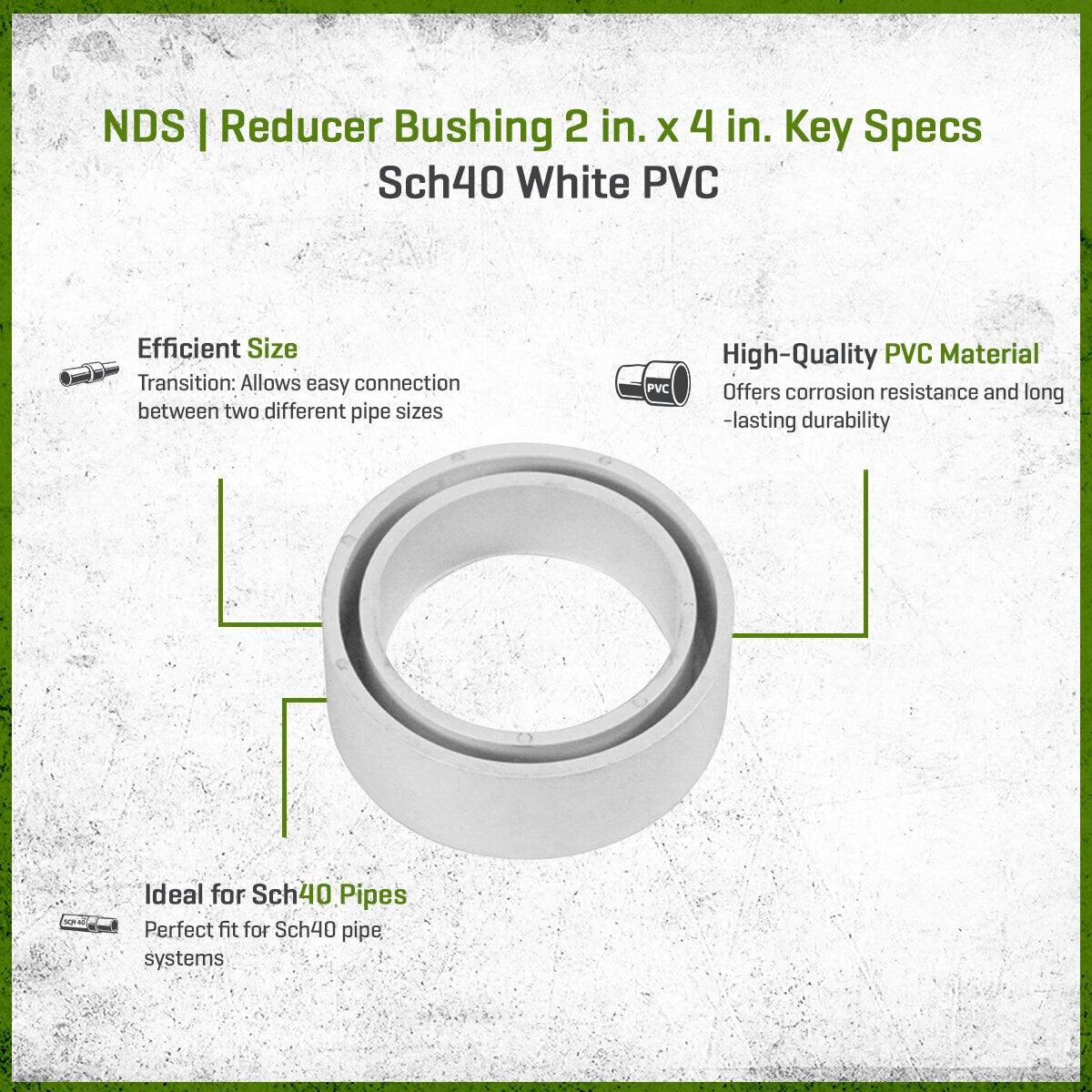 NDS533  -NDS PVC S&D Reducer Bushing Sch40 HUB x S&D SPT White 2 in. x 4 in.