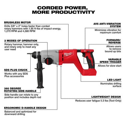 Milwaukee M18 Brushless Cordless Rotary Hammer 1 in. SDS Plus D-Handle