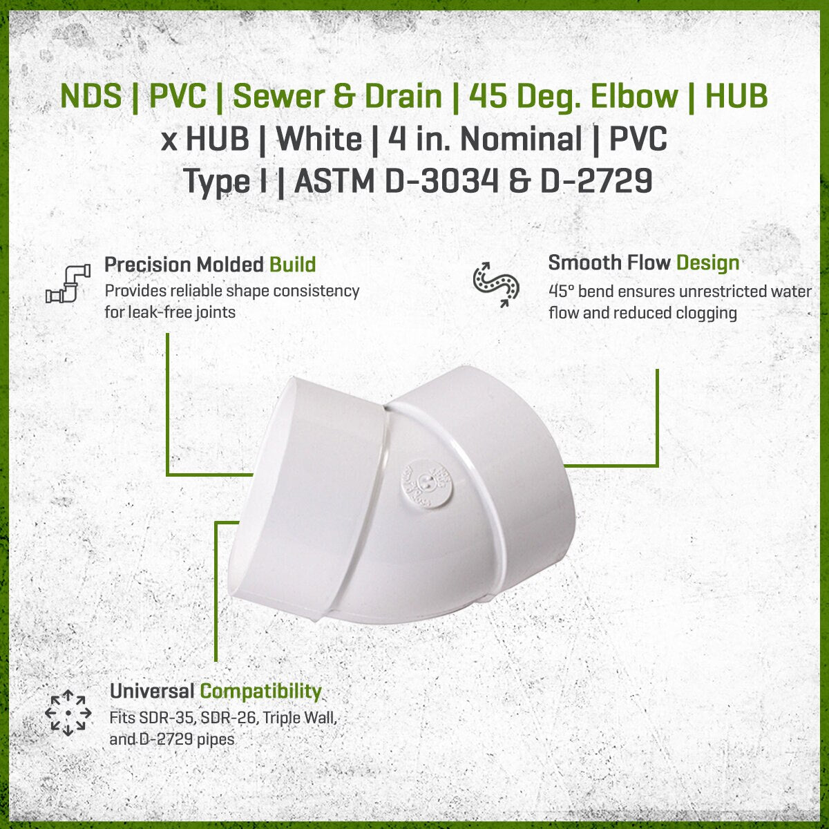 4P03  -NDS PVC S&D 45 Deg. Elbow HUB x HUB White 4 in.