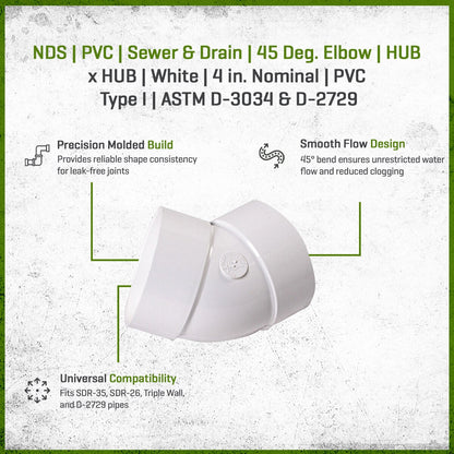 4P03  -NDS PVC S&D 45 Deg. Elbow HUB x HUB White 4 in.