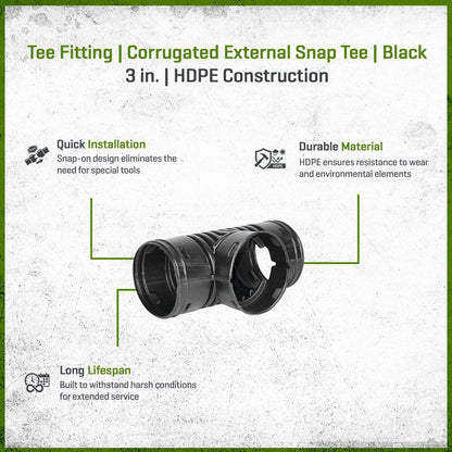 ADS HDPE Corrugated External Snap Tee Black 3 in.