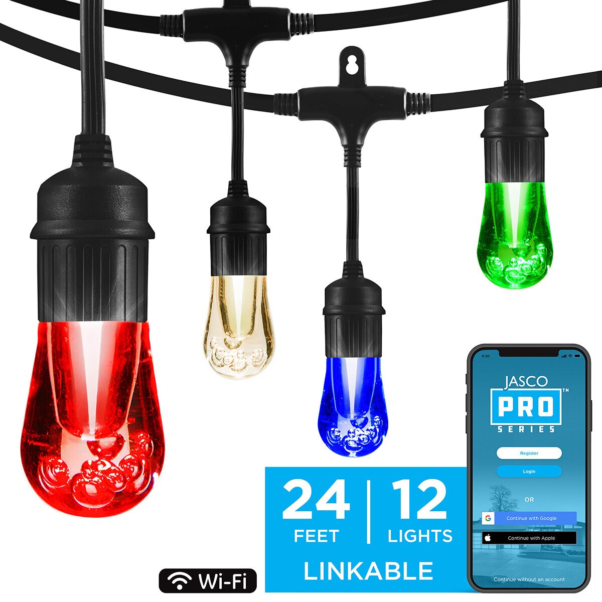JascoPro  66877 Series Wi-Fi Vintage Café Lights 24 ft. 12 Acrylic Bulbs